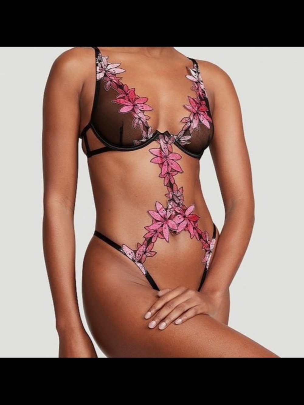 Sheer Floral Applique Lace Bodysuit - Pink